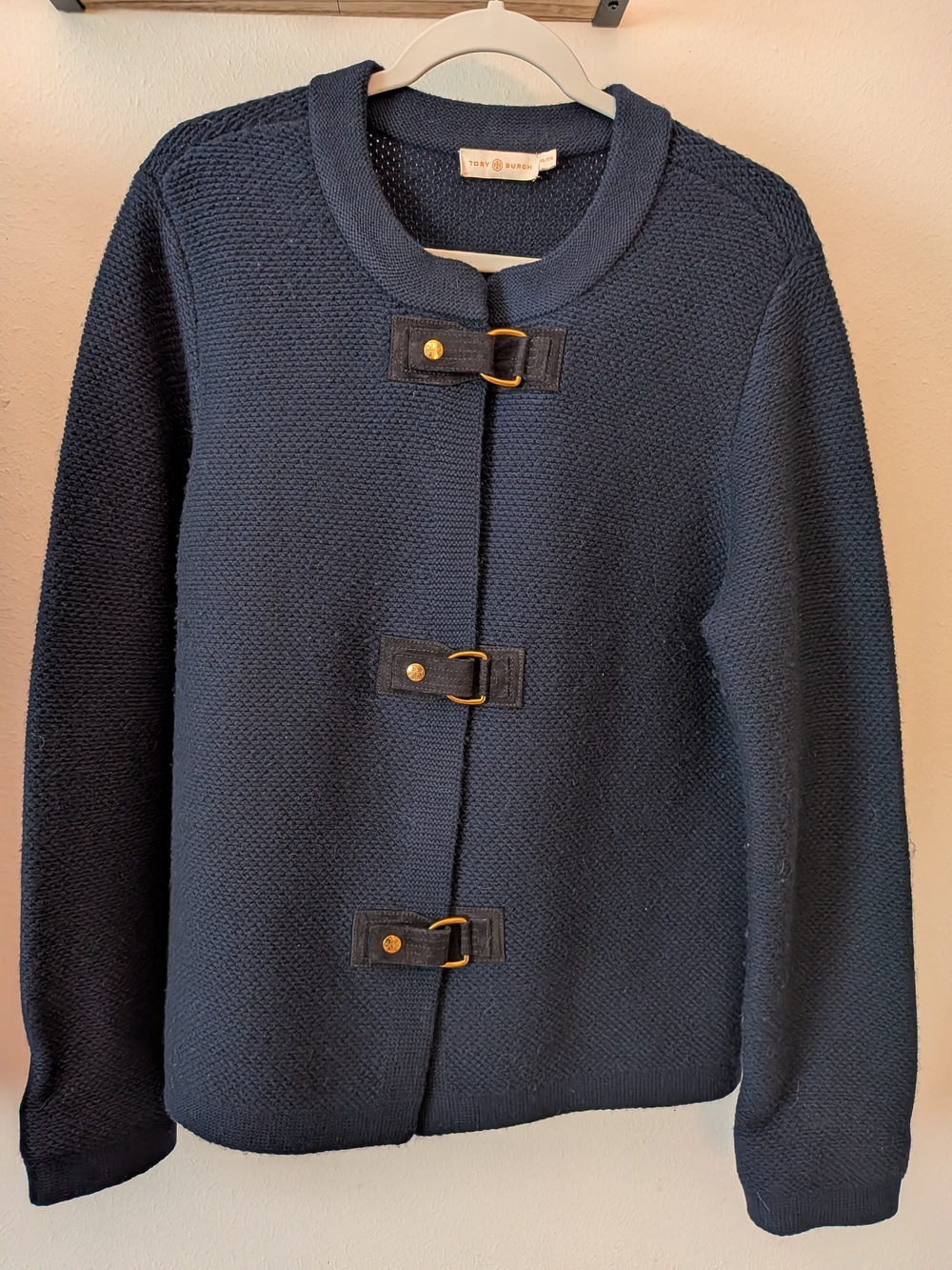 Tory Burch Navy Textured Knit Jacket Cardigan Leather Toggle Gold Hardware XL - Picture 2 of 4